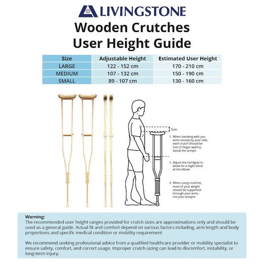 Livingstone Adjustable Wooden Underarm Crutches - Medium (107-132cm), 1 Pair