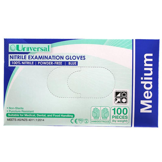 Universal Choice Nitrile Examination Gloves - Powder Free Medium, 100 Pieces/Box