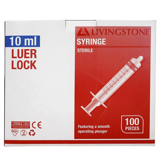 Livingstone Sterile Luer Lock Syringe with Red Plunger - 10ml, 100 Pieces/Box-Auzzi Store