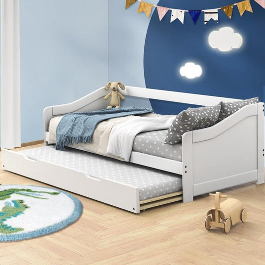 Oikiture Trundle Bed Frame - Daybed Single Size Base Timber Wooden Beds x2 - White