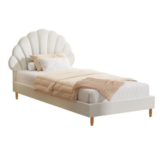 Oikiture Single Size Scallop-Shape Bed Frame with Boucle Upholstery - White-Auzzi Store