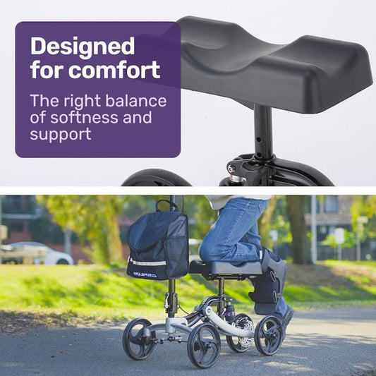 Equipmed Premium Knee Scooter Walker with Disc Brake & Suspension Bag - Silver