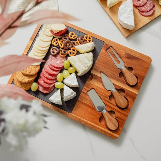 Clevinger 4-Piece Acacia Wood & Slate Cheese Board Set with Knives