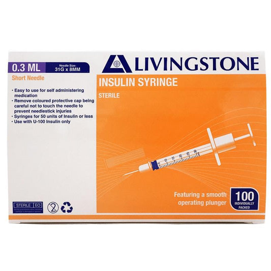 Livingstone 0.3mL Insulin Syringes with 31 Gauge Needle - 100 Sterile Pieces-Auzzi Store