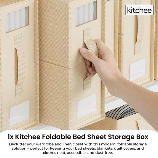 1x Kitchee Foldable Bed Sheet Storage Box – Linen & Closet Organiser Beige – view 2 - Auzzistore