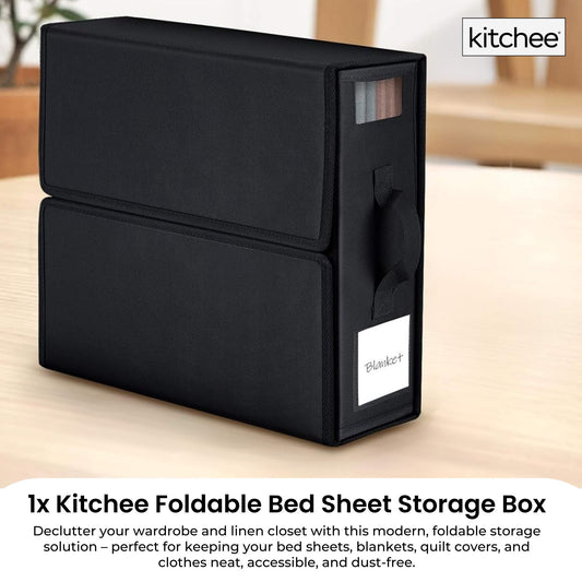1x Kitchee Foldable Bed Sheet Storage Box – Linen & Closet Organiser Black – view 2 - Auzzistore