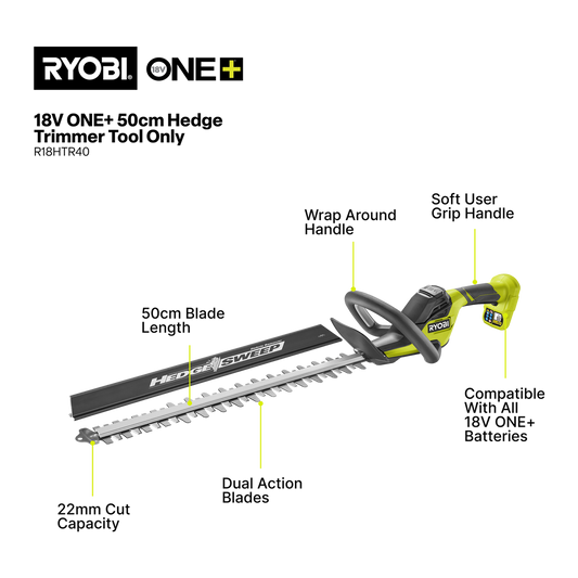 Ryobi 18V ONE+ Hedge Trimmer - 50cm - Tool Only - Clean Cuts - 22mm Capacity – view 2