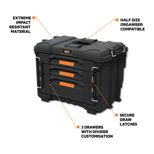 AEG Quickstack 2.0 3-Drawer Toolbox - 385mm x 411mm x 566mm - Durable Storage – view 2 - Auzzistore