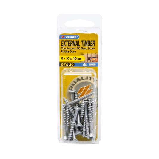 Zenith Timber Screws - 10mm x 40mm - 20 Pack - Galvanised - Countersunk Rib Head - Auzzistore