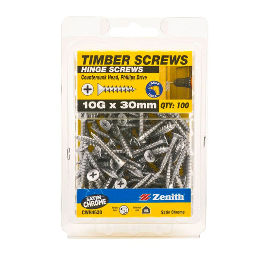 Zenith Timber Screws - 10G x 30mm - Satin Chrome - Countersunk Head - 100 Pack - Auzzistore