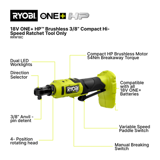 Ryobi 18V ONE+ HP Brushless ⅜" Compact High-Speed Ratchet - 54Nm Torque - 460rpm – view 2 - Auzzistore