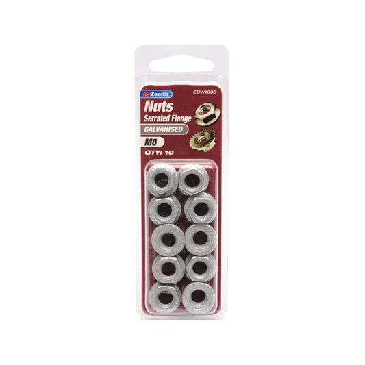 Zenith M8 Galvanised Serrated Flange Nut 10 Pack - 6.5mm - Steel - Durable - Auzzistore