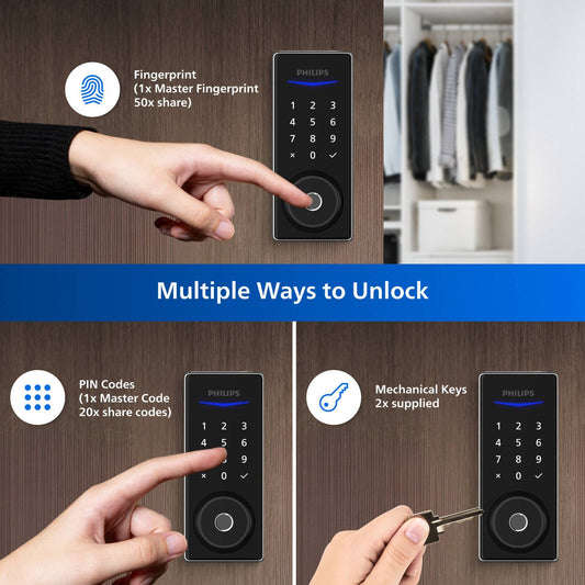 Philips Black Easykey Fingerprint Deadbolt Lock - 3 Access Modes - 700mm x 1650mm – view 2 - Auzzistore