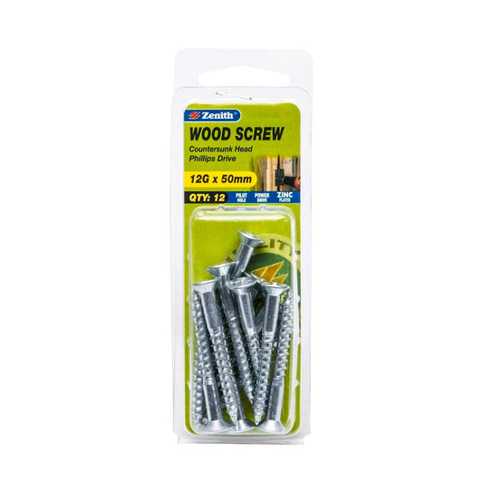 Zenith 12G x 50mm Zinc Plated Countersunk Head Wood Screws – 12 Pack - Auzzistore