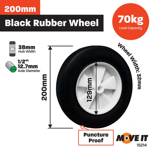 Move It 200mm Black Rubber Tyre with White Plastic Centre - 30kg Load Capacity – view 2 - Auzzistore