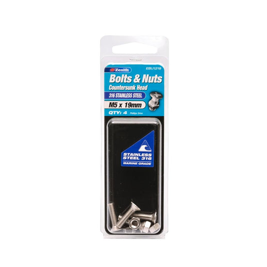 Zenith M5 Countersunk Head Bolt and Nut 19mm 316 Stainless Steel 4 Pack - Auzzistore