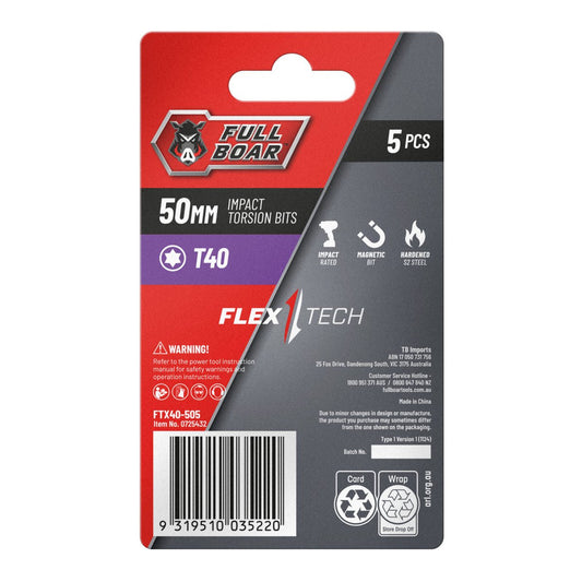 Full Boar Impact Torsion Bits Set - T40 x 50mm - 5 Pack - Durable S2 Steel – view 2 - Auzzistore