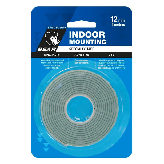 Bear Indoor Mounting Tape - 12mm x 2m - White Foam - Durable Adhesive