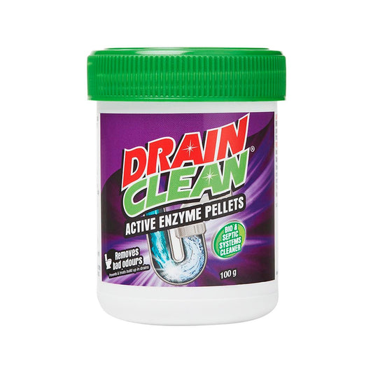 Drain Clean Active Enzyme Pellets 100g HDPE Jar Prevents Blocked Drains