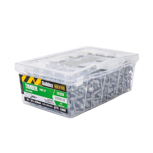 Buildex Timber Screws - 12mm x 25mm - Galvanised - Hex Head - 1000 Pack - Auzzistore
