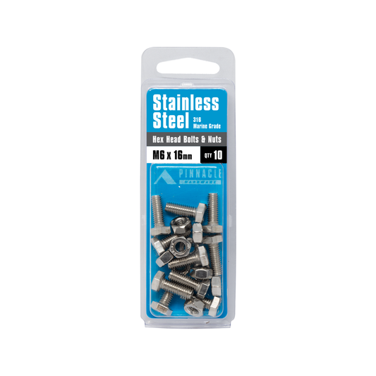 Pinnacle Hex Bolt and Nut - M6 x 16mm - Stainless Steel - 10 Pack – view 2 - Auzzistore