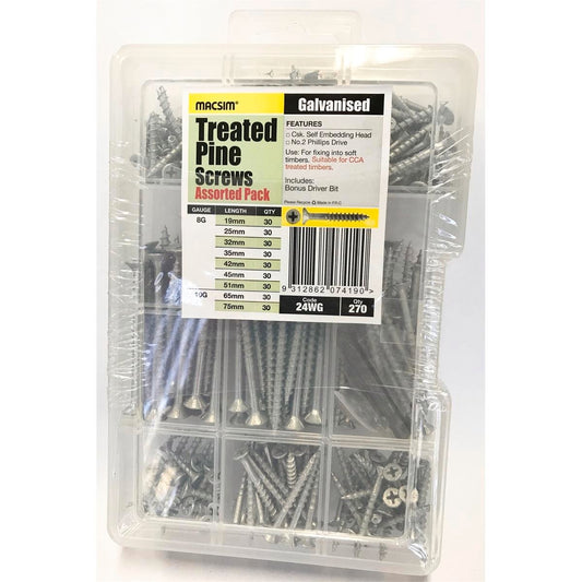 Macsim Treated Pine Screw Pack 270 Piece Galvanised Steel Handy Pack - Auzzistore