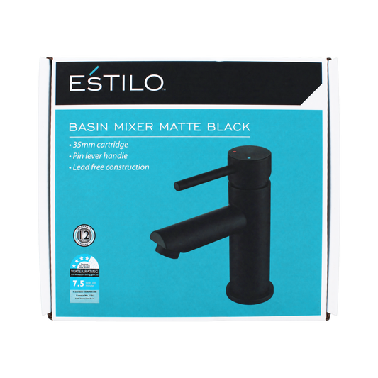 Estilo 35mm Matte Black Pin Lever Basin Mixer - Water Efficient - Modern Design