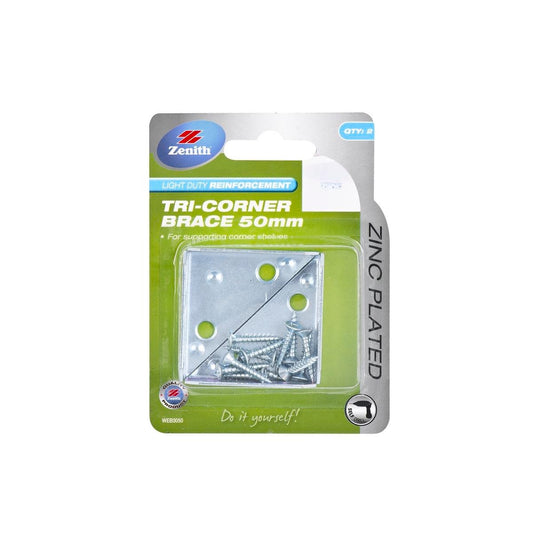 Zenith Tri Corner Brace - 50mm x 15mm - Steel - Zinc Plated - 2 Pack - Auzzistore