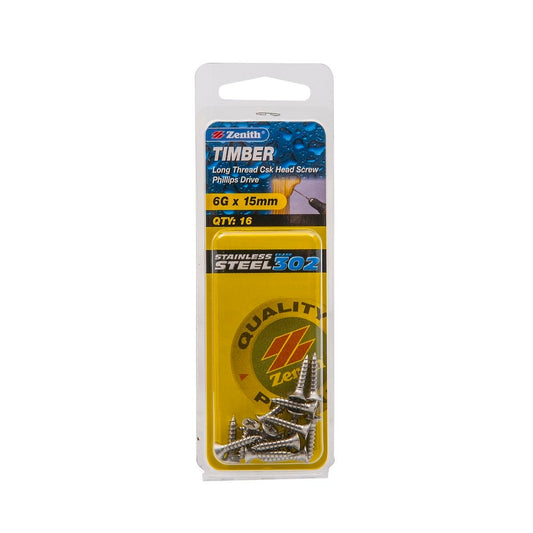 Zenith 6g x 15mm Stainless Steel Countersunk Timber Screws 16 Pack - Auzzistore