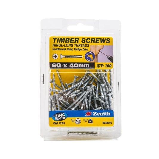Zenith Timber Screws - 6g x 40mm - Zinc Plated - Countersunk Head - 100 Pack - Auzzistore