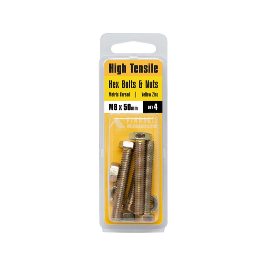 Pinnacle Hex Bolt and Nut - M8 x 50mm - Hi Tensile - Yellow Zinc - 4 Pack – view 2 - Auzzistore