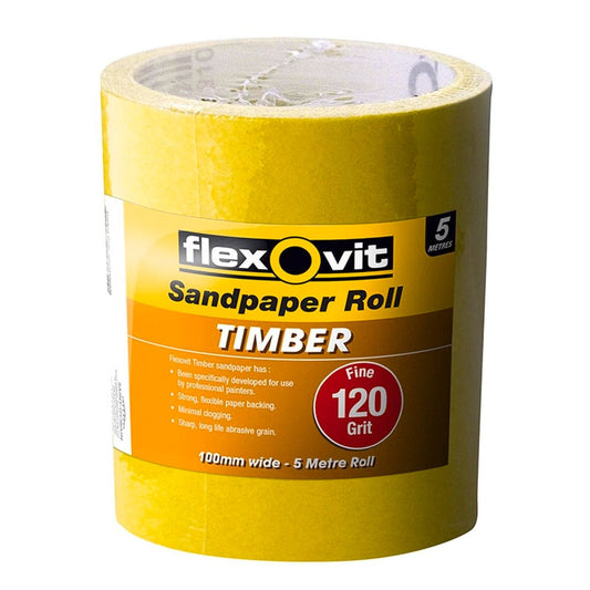 Flexovit Timber Sandpaper Roll 115mm x 5m 120 Grit Paper Aggressive Cutting - Auzzistore