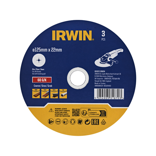 Irwin Fibre Disc 3 Pack - 125 x 22mm - 60 Grit - De-burring & Rust Removal - Auzzistore