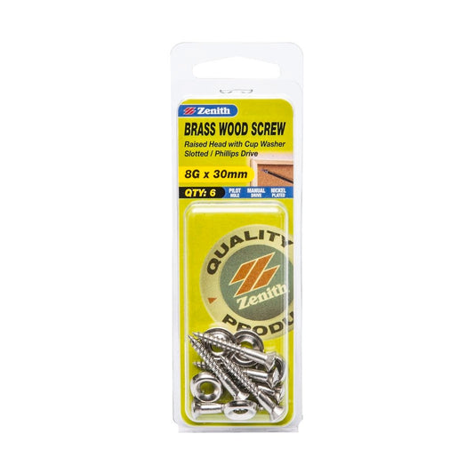 Zenith Wood Screws 8g x 30mm Nickel Plated Round Head with Cup Washer - 6 Pack - Auzzistore