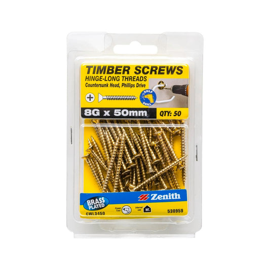 Zenith Timber Screws - 8g x 50mm - Brass Plated - Countersunk Head - 50 Pack - Auzzistore