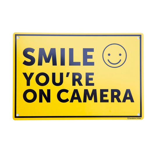 Sandleford Smile You’re on Camera Sign - Yellow/Black - 300mm x 200mm - Auzzistore
