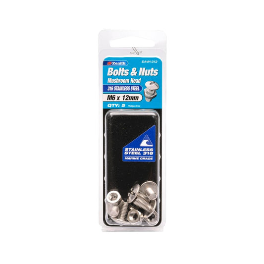 Zenith M6 x 12mm Mushroom Head Bolt and Nut 316 Stainless Steel 5 Pack - Auzzistore