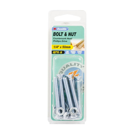 Zenith Countersunk Bolt & Nut - 1/4 x 50mm - Zinc Plated - Flush Finish - 8 Pack - Auzzistore