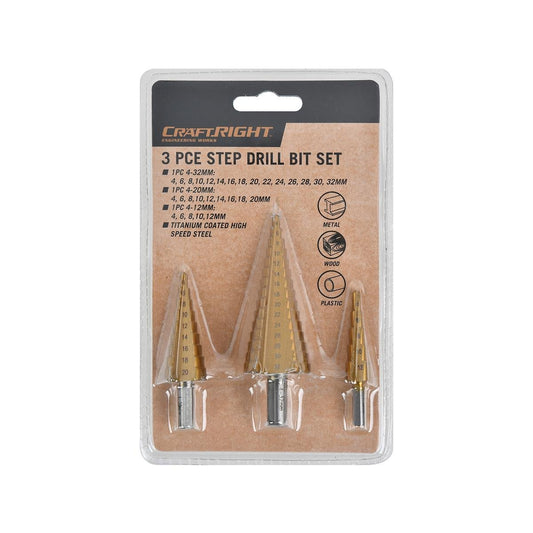 Craftright 3pc Step Drill Set - Titanium-Coated HSS - 4-32mm, 4-20mm, 4-12mm