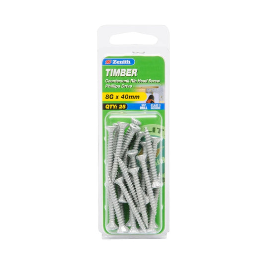 Zenith Timber Screws 8g x 40mm Galvanised Steel Flush Finish 25 Pack - Auzzistore