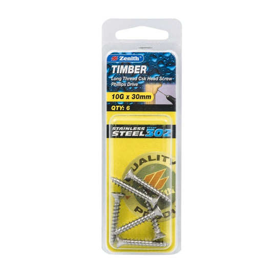 Zenith Timber Screws - 10g x 30mm - Stainless Steel - 6 Pack - Countersunk Head - Auzzistore