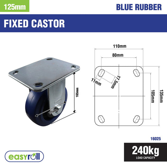Easyroll Fixed Plate Castor - 125mm - Blue Elastic Rubber - Non-Marking – view 2 - Auzzistore