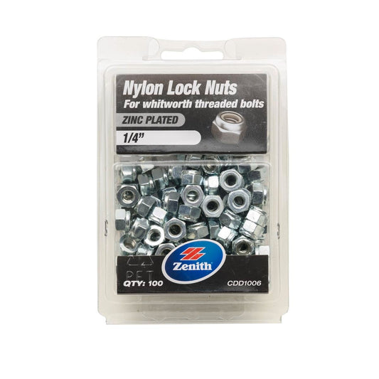 Zenith Nylon Lock Nut - 1/4" - 100 Pack - Zinc Plated - Nylon Locking - Auzzistore