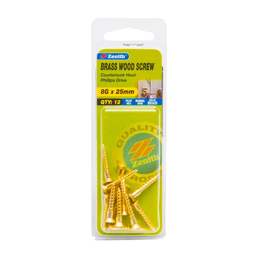 Zenith Wood Screws - 8g x 25mm Solid Brass - Countersunk Head - 12 Pack - Auzzistore