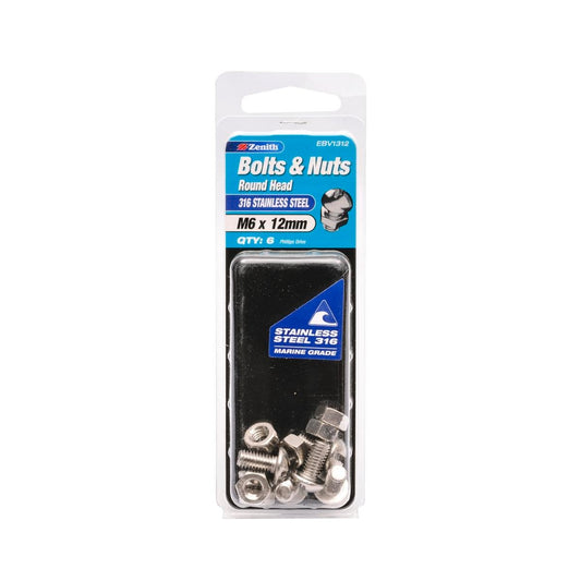 Zenith M6 x 12mm 316 Stainless Steel Round Head Bolt and Nut 6 Pack - Auzzistore