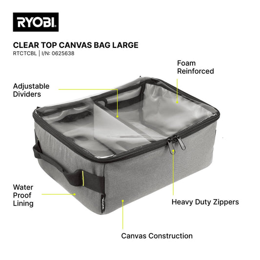 Ryobi Traxx Large Clear Top Canvas Bag - 340mm x 170mm x 460mm - Water-Resistant – view 2 - Auzzistore