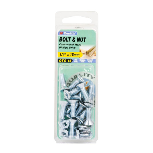Zenith Countersunk Bolt & Nut - 1/4 x 18mm - Zinc Plated - Flush Finish - 15 Pack - Auzzistore