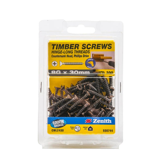 Zenith Hinge Long Thread Screw - 8g x 30mm - Florentine Bronze - 100 Pack - Auzzistore