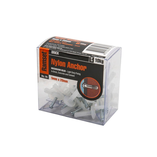 Ramset Nylon Anchor 5 x 20mm Mushroom Head 25 Pack Insulation Benefit - Auzzistore