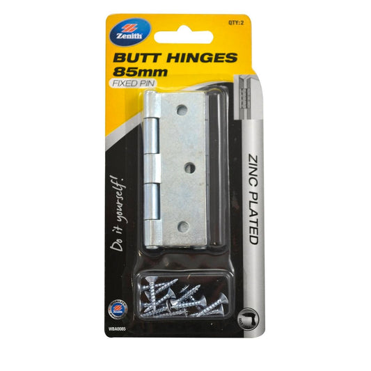Lane Zinc Plated Fixed Pin Durasmooth Butt Hinge 2 Pack - 85 x 60 x 1.6mm